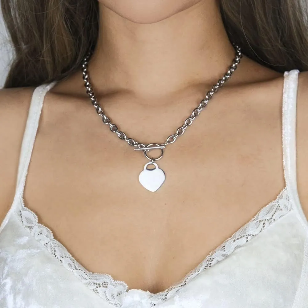 Heart Toggle Necklace Silver Stainless Steel Pendant Choker Charm Necklaces Cable Chain Jewelry for Women