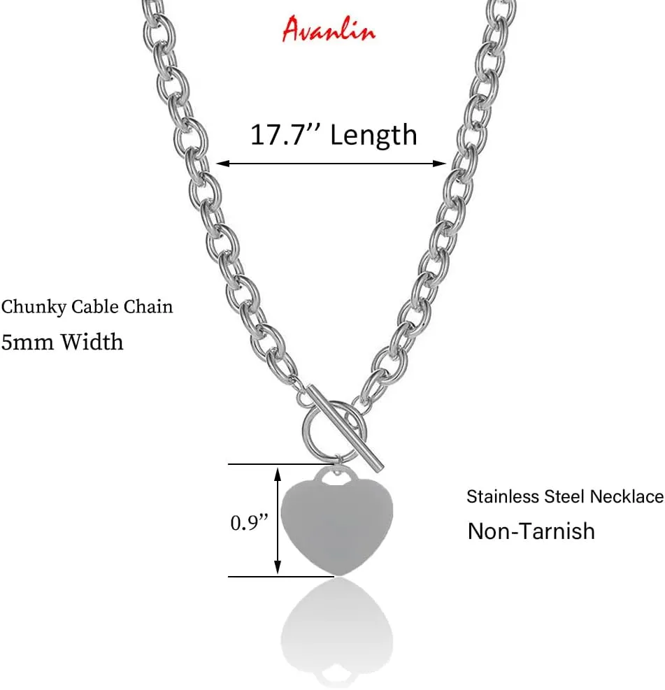 Heart Toggle Necklace Silver Stainless Steel Pendant Choker Charm Necklaces Cable Chain Jewelry for Women