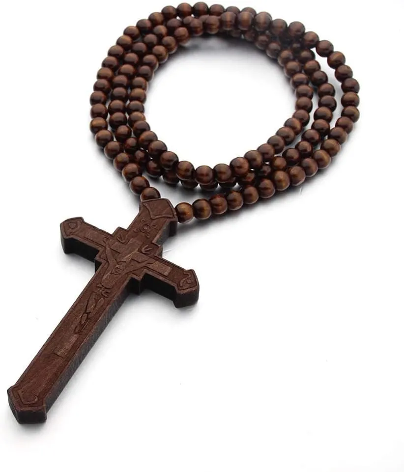 Hip-Hop Natural Wood Cross Pendant 8MM Wooden Bead Chain Rosary Necklaces for Men Women
