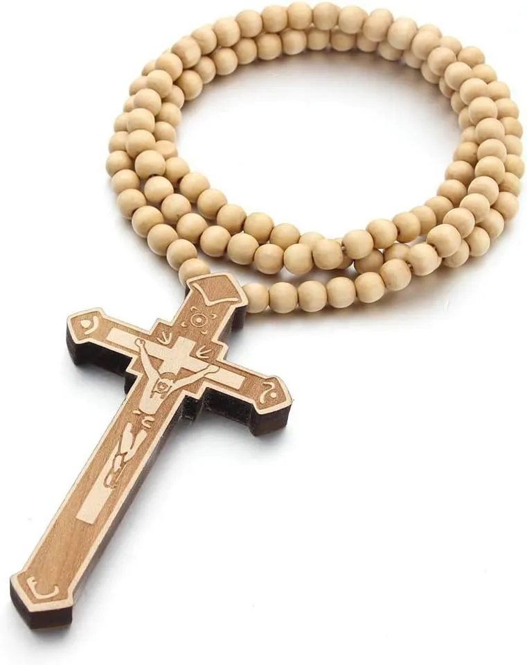 Hip-Hop Natural Wood Cross Pendant 8MM Wooden Bead Chain Rosary Necklaces for Men Women