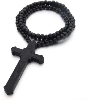 Hip-Hop Natural Wood Cross Pendant 8MM Wooden Bead Chain Rosary Necklaces for Men Women