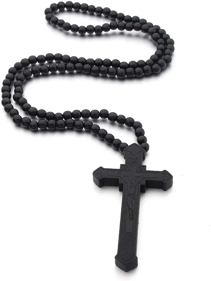 Hip-Hop Natural Wood Cross Pendant 8MM Wooden Bead Chain Rosary Necklaces for Men Women