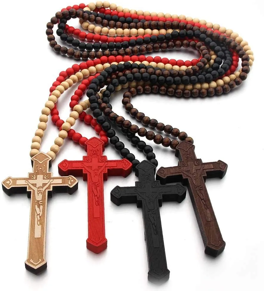 Hip-Hop Natural Wood Cross Pendant 8MM Wooden Bead Chain Rosary Necklaces for Men Women