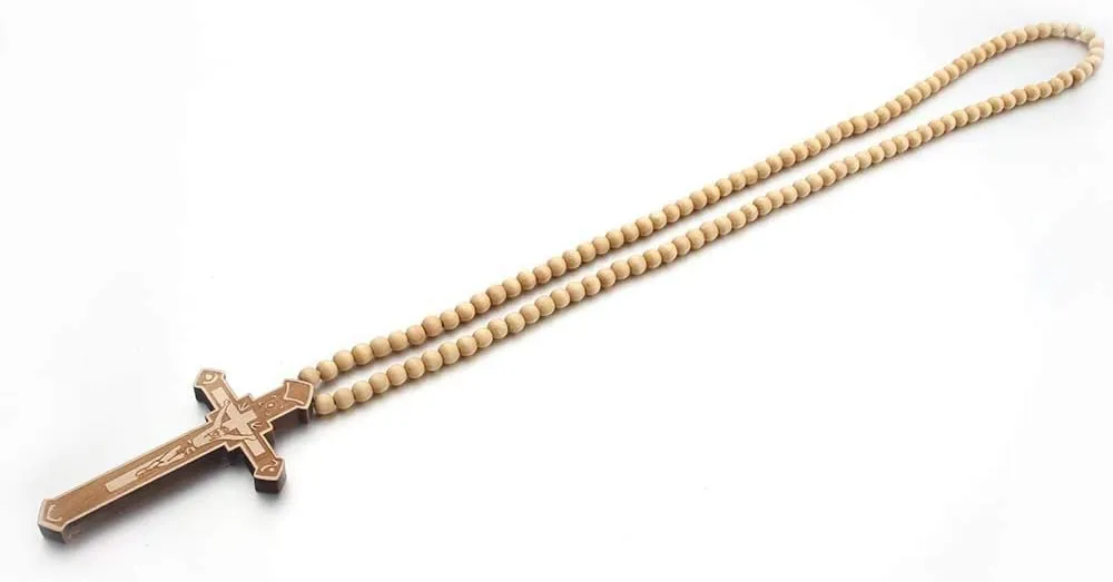 Hip-Hop Natural Wood Cross Pendant 8MM Wooden Bead Chain Rosary Necklaces for Men Women
