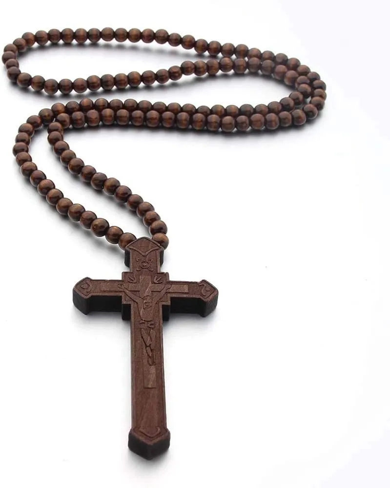 Hip-Hop Natural Wood Cross Pendant 8MM Wooden Bead Chain Rosary Necklaces for Men Women