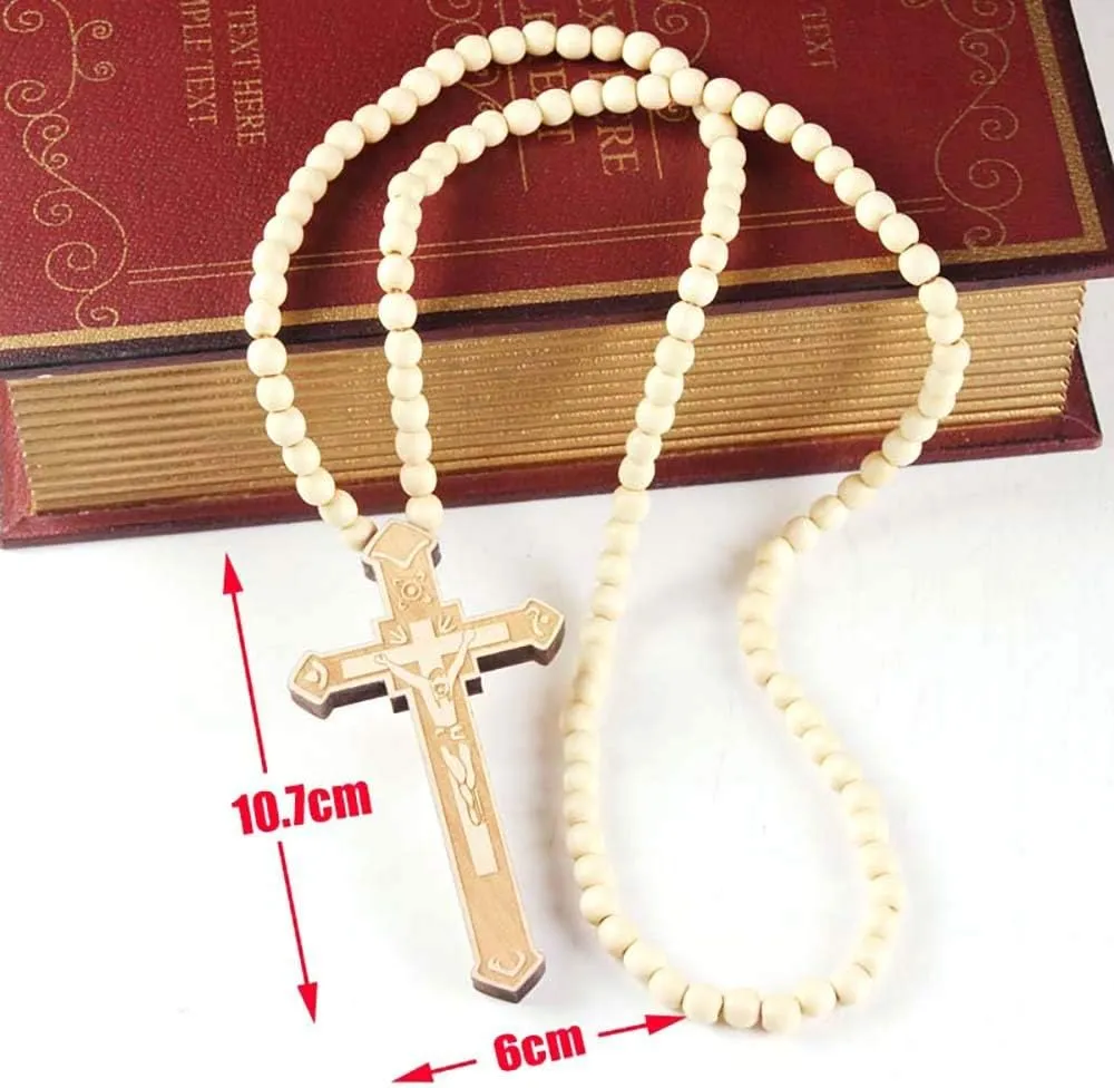 Hip-Hop Natural Wood Cross Pendant 8MM Wooden Bead Chain Rosary Necklaces for Men Women