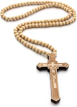 Hip-Hop Natural Wood Cross Pendant 8MM Wooden Bead Chain Rosary Necklaces for Men Women