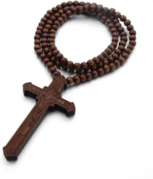 Hip-Hop Natural Wood Cross Pendant 8MM Wooden Bead Chain Rosary Necklaces for Men Women