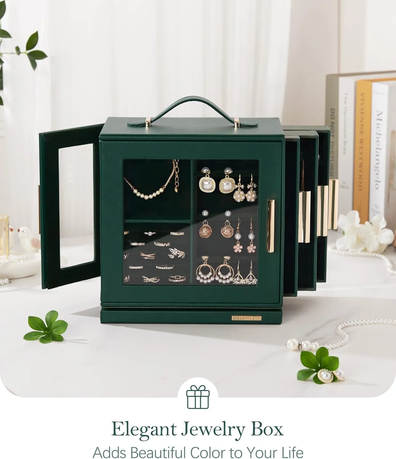 Homde Jewelry Box 360 Rotating, Necklace Earring Organizer with Transparent Window, Mirror, 7 Drawers, Large Ring Display Storage Case for Girls Women (Forest Green)