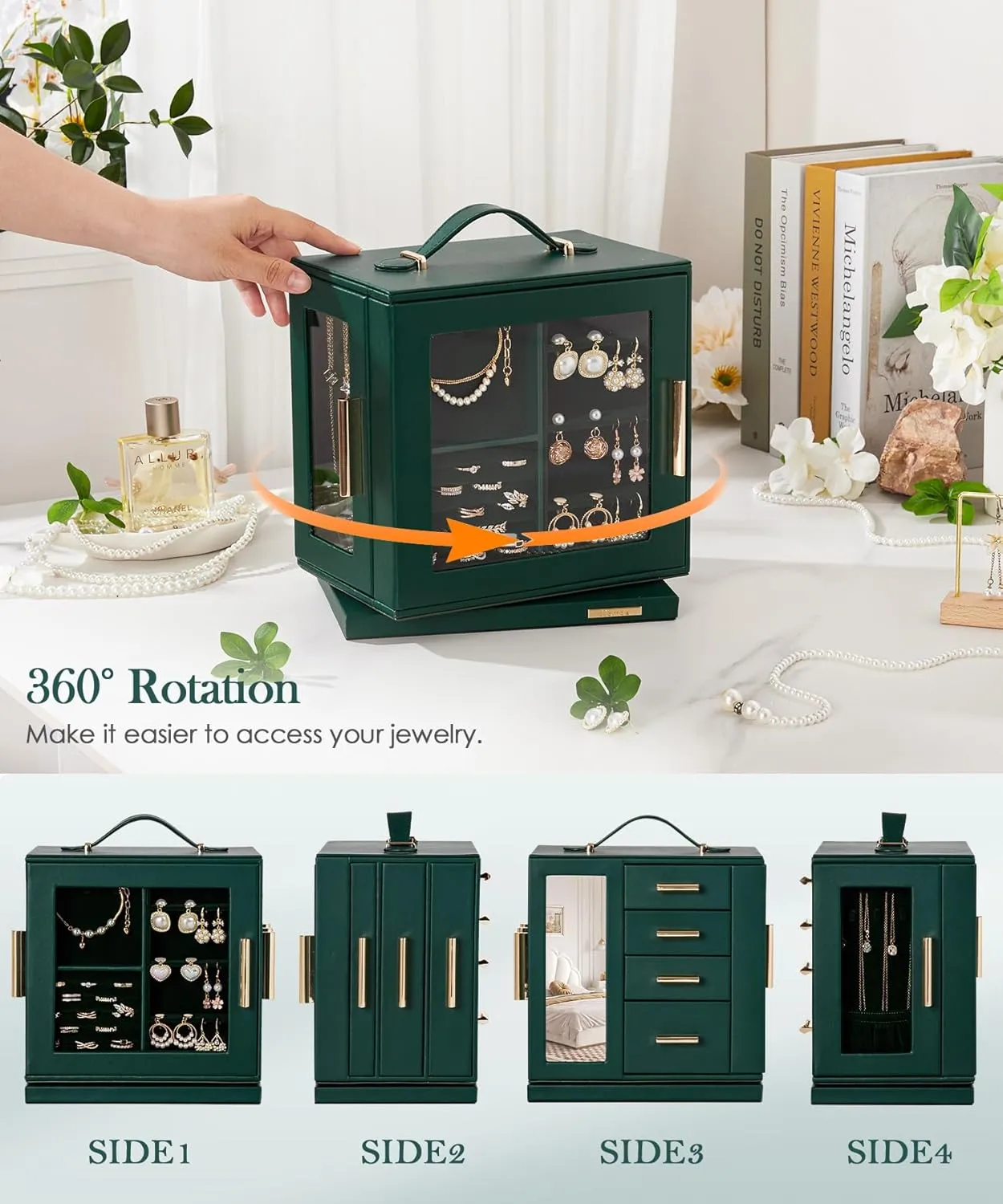 Homde Jewelry Box 360 Rotating, Necklace Earring Organizer with Transparent Window, Mirror, 7 Drawers, Large Ring Display Storage Case for Girls Women (Forest Green)