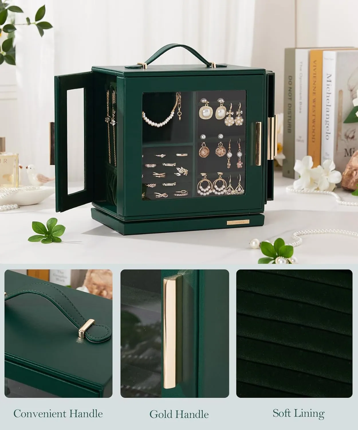 Homde Jewelry Box 360 Rotating, Necklace Earring Organizer with Transparent Window, Mirror, 7 Drawers, Large Ring Display Storage Case for Girls Women (Forest Green)