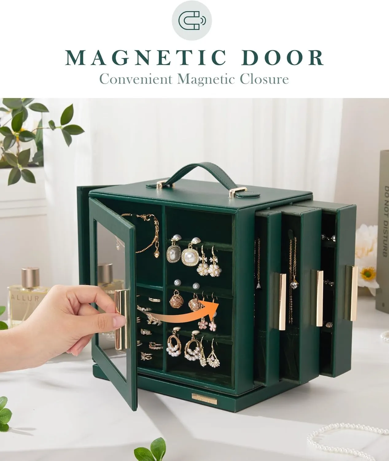 Homde Jewelry Box 360 Rotating, Necklace Earring Organizer with Transparent Window, Mirror, 7 Drawers, Large Ring Display Storage Case for Girls Women (Forest Green)