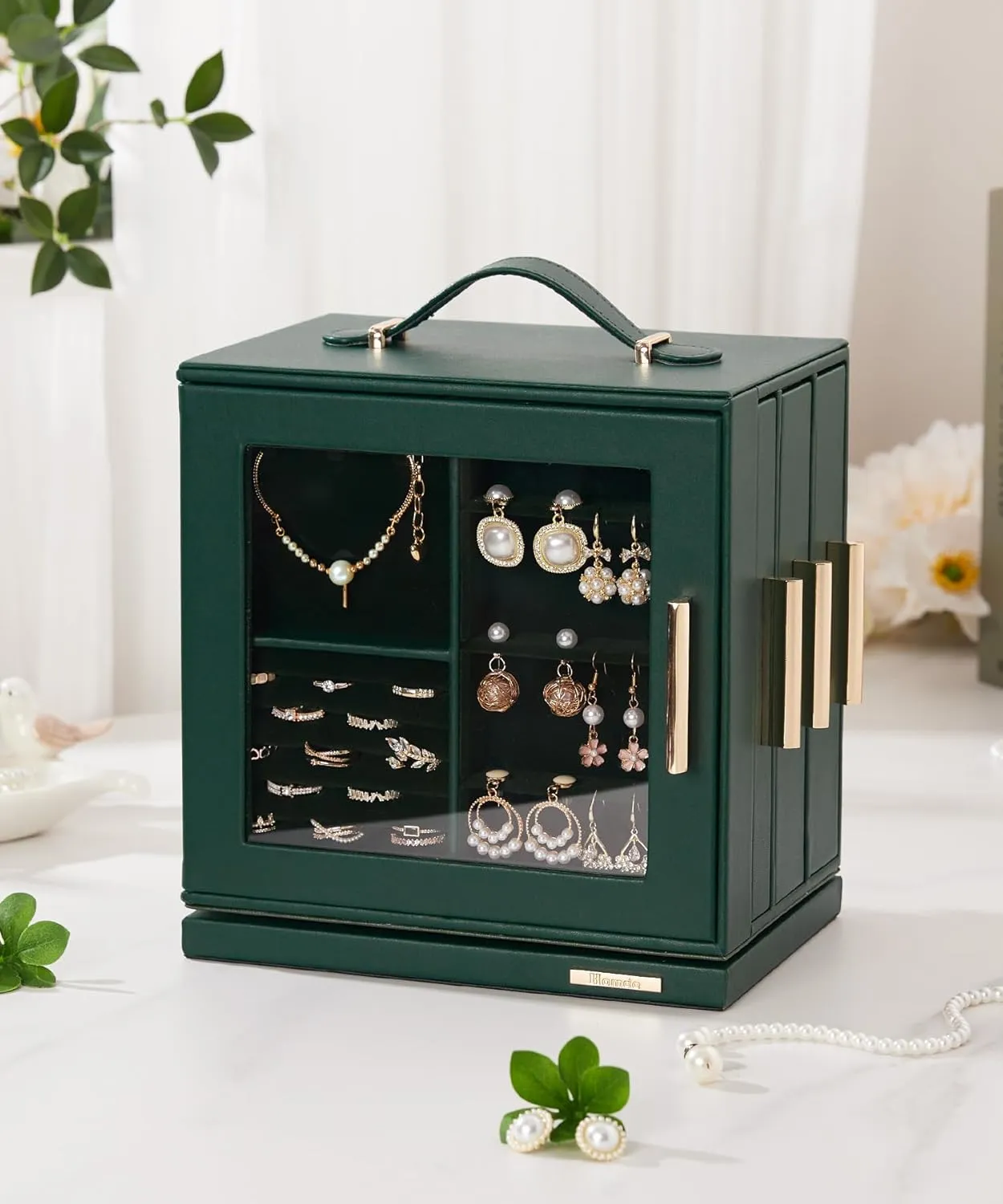 Homde Jewelry Box 360 Rotating, Necklace Earring Organizer with Transparent Window, Mirror, 7 Drawers, Large Ring Display Storage Case for Girls Women (Forest Green)
