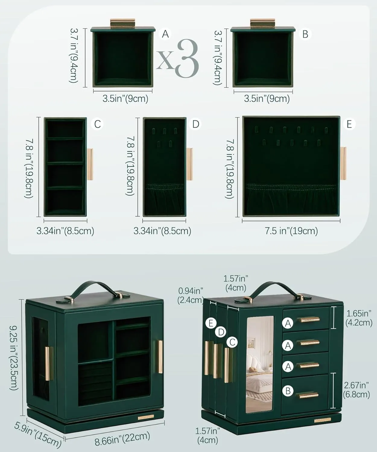 Homde Jewelry Box 360 Rotating, Necklace Earring Organizer with Transparent Window, Mirror, 7 Drawers, Large Ring Display Storage Case for Girls Women (Forest Green)