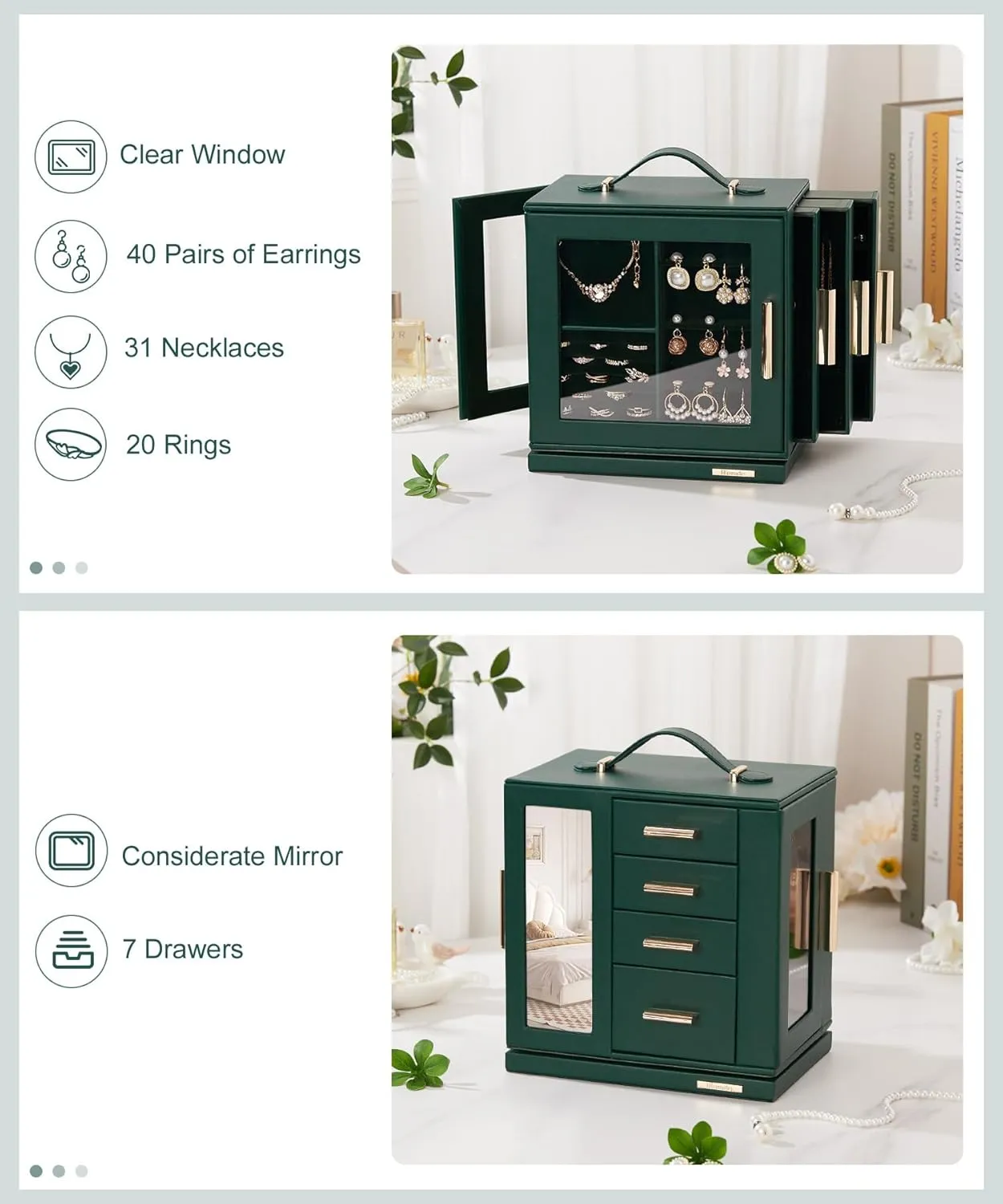 Homde Jewelry Box 360 Rotating, Necklace Earring Organizer with Transparent Window, Mirror, 7 Drawers, Large Ring Display Storage Case for Girls Women (Forest Green)