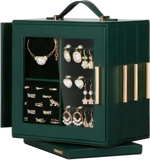 Homde Jewelry Box 360 Rotating, Necklace Earring Organizer with Transparent Window, Mirror, 7 Drawers, Large Ring Display Storage Case for Girls Women (Forest Green)