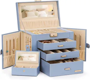 Homde Jewelry Box for Women Girls with Small Travel Case Mirror Necklace Ring Earrings Organizer (Grey Blue   Gold)