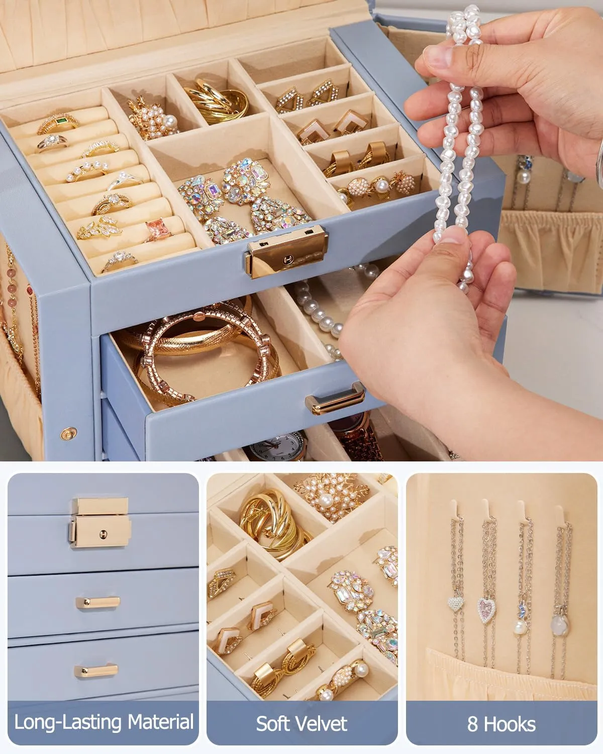 Homde Jewelry Box for Women Girls with Small Travel Case Mirror Necklace Ring Earrings Organizer (Grey Blue   Gold)