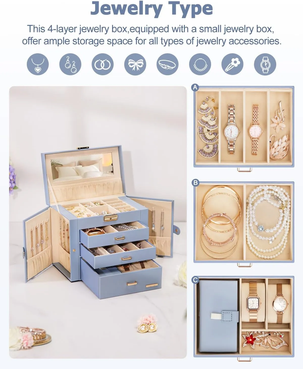 Homde Jewelry Box for Women Girls with Small Travel Case Mirror Necklace Ring Earrings Organizer (Grey Blue   Gold)