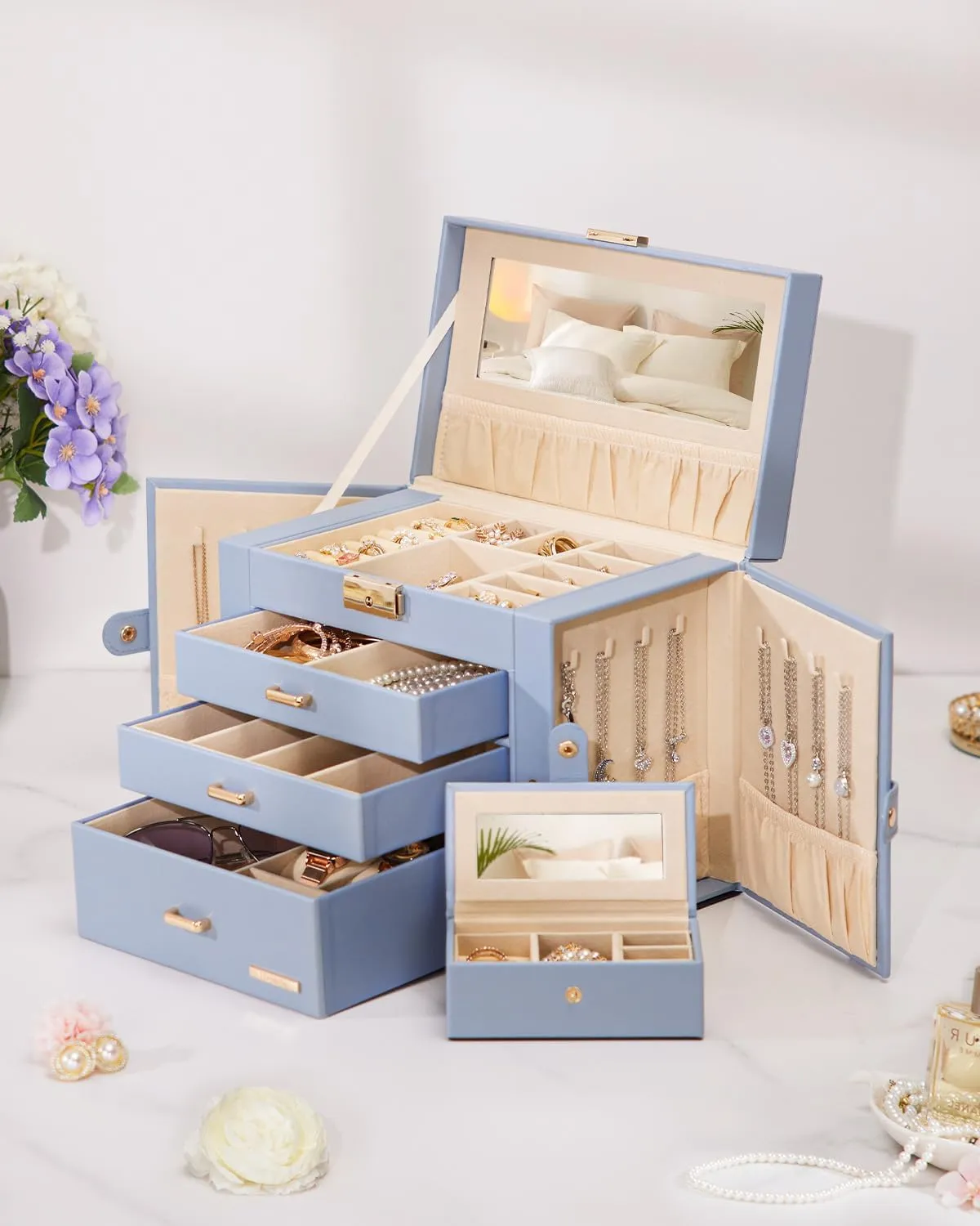 Homde Jewelry Box for Women Girls with Small Travel Case Mirror Necklace Ring Earrings Organizer (Grey Blue   Gold)