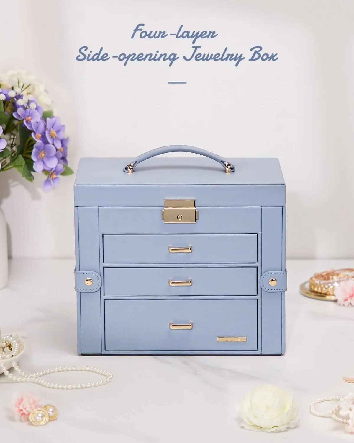Homde Jewelry Box for Women Girls with Small Travel Case Mirror Necklace Ring Earrings Organizer (Grey Blue   Gold)