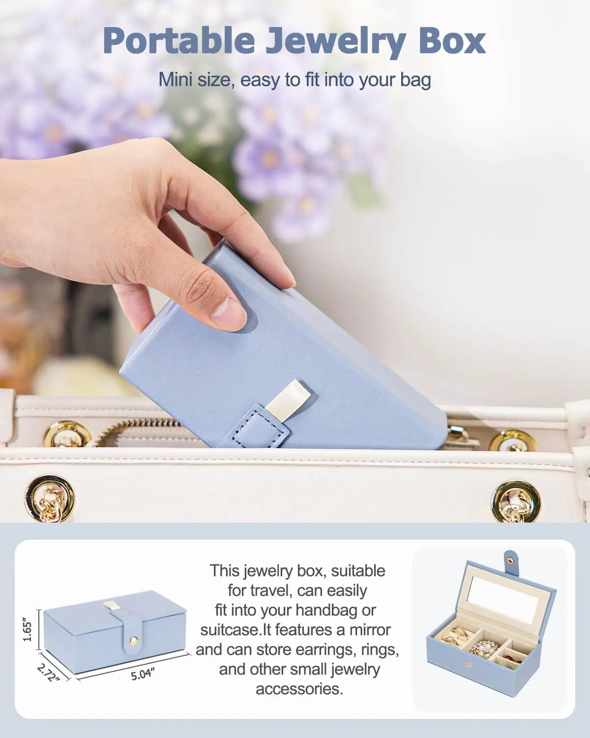 Homde Jewelry Box for Women Girls with Small Travel Case Mirror Necklace Ring Earrings Organizer (Grey Blue   Gold)
