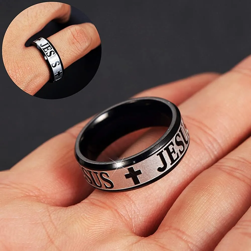 HSQYJ Christian Jesus Cross Ring Stainless Steel Religious Amulet Ring Catholic Ring Jewelry for Men Unique Gifts