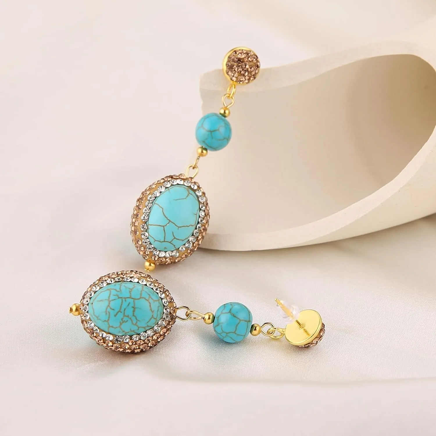HZMAN Bohemian Turquoise Earring for Women Retro Cubic Zirconia Geometric Dangle Drop Earring Statement Jewelry Gift