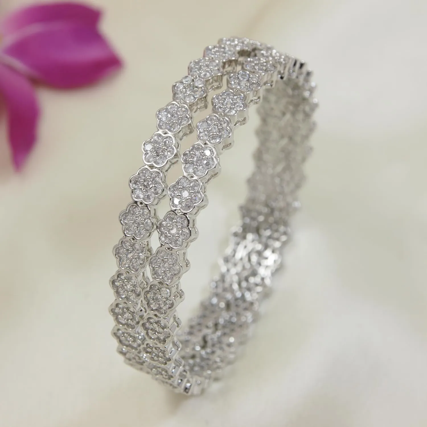 I Jewels Silver Plated Designer Wedding CZ American Diamond Studded Brass Kada/Bangles Jewelry for Women