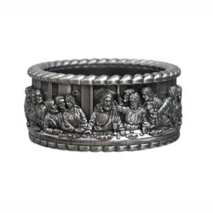 icedout Leonardo The Last Supper Jesus Band Ring For Men 14K White Gold Plated By Da Vinci Faith Intricate Biblical Scene Artistic Masterpiece Religious Christian Ring 925 Sterling Silver Jewelry
