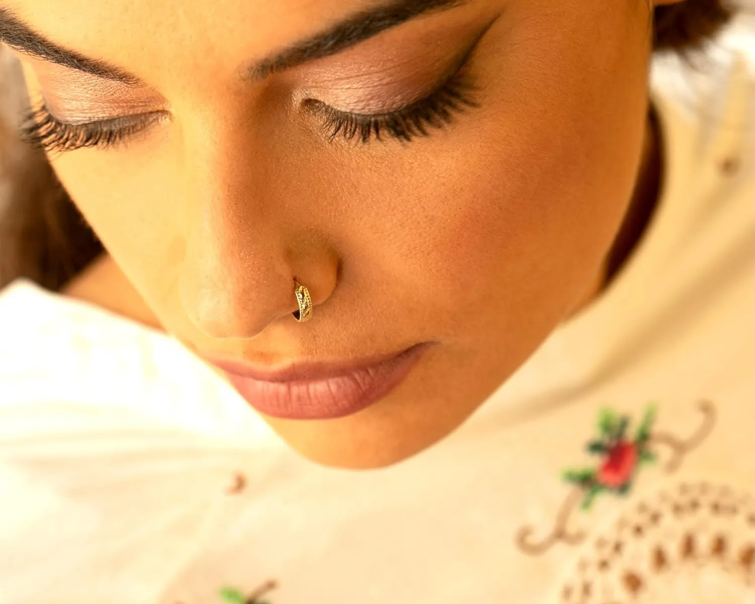 Indian Nose Ring, Gold Plated Unique Nose Hoop Piercing, Indian Tribal Style, 20g, Handmade Jewelry by Alagia