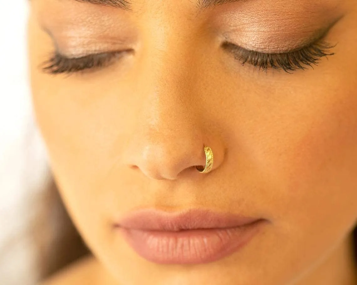 Indian Nose Ring, Gold Plated Unique Nose Hoop Piercing, Indian Tribal Style, 20g, Handmade Jewelry by Alagia