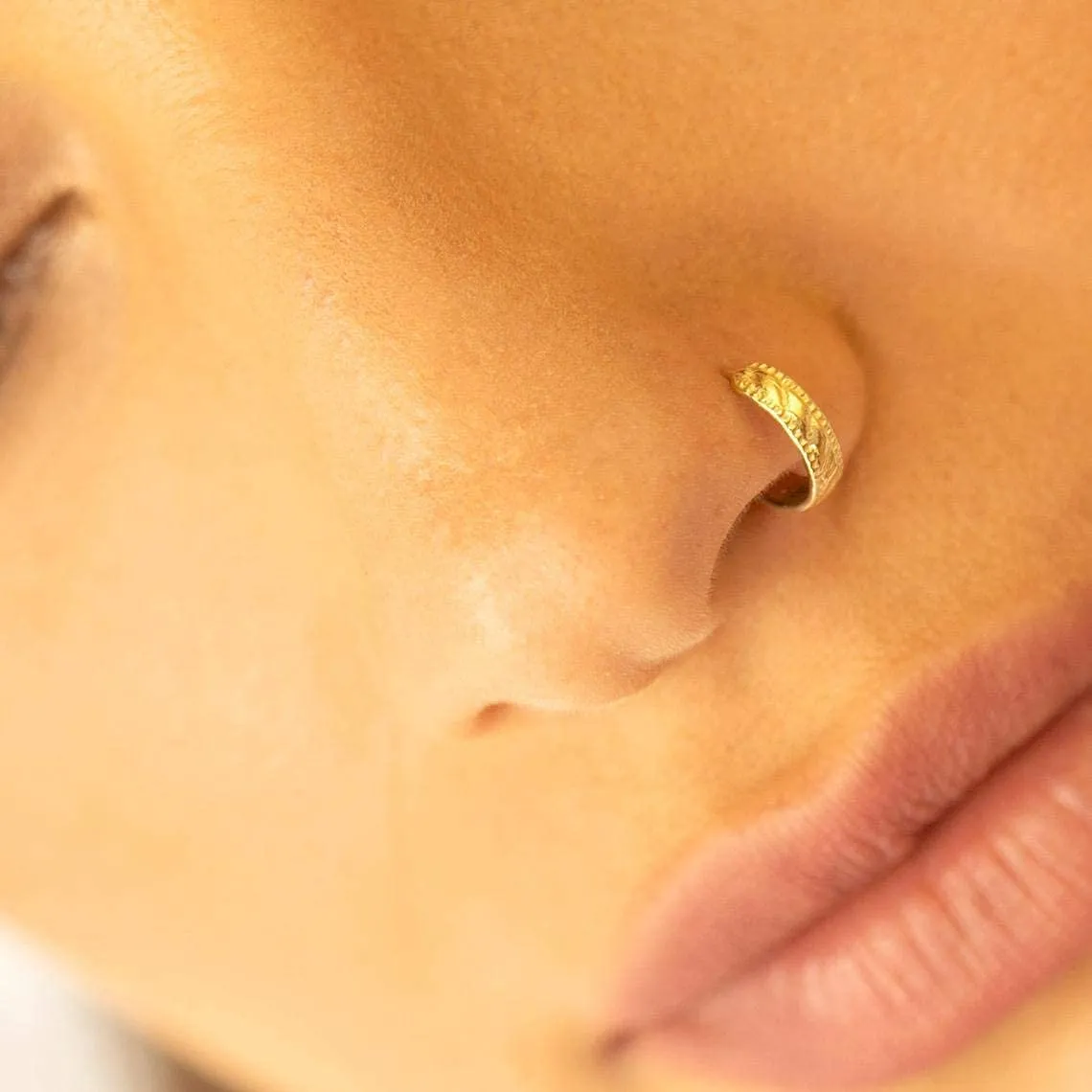 Indian Nose Ring, Gold Plated Unique Nose Hoop Piercing, Indian Tribal Style, 20g, Handmade Jewelry by Alagia