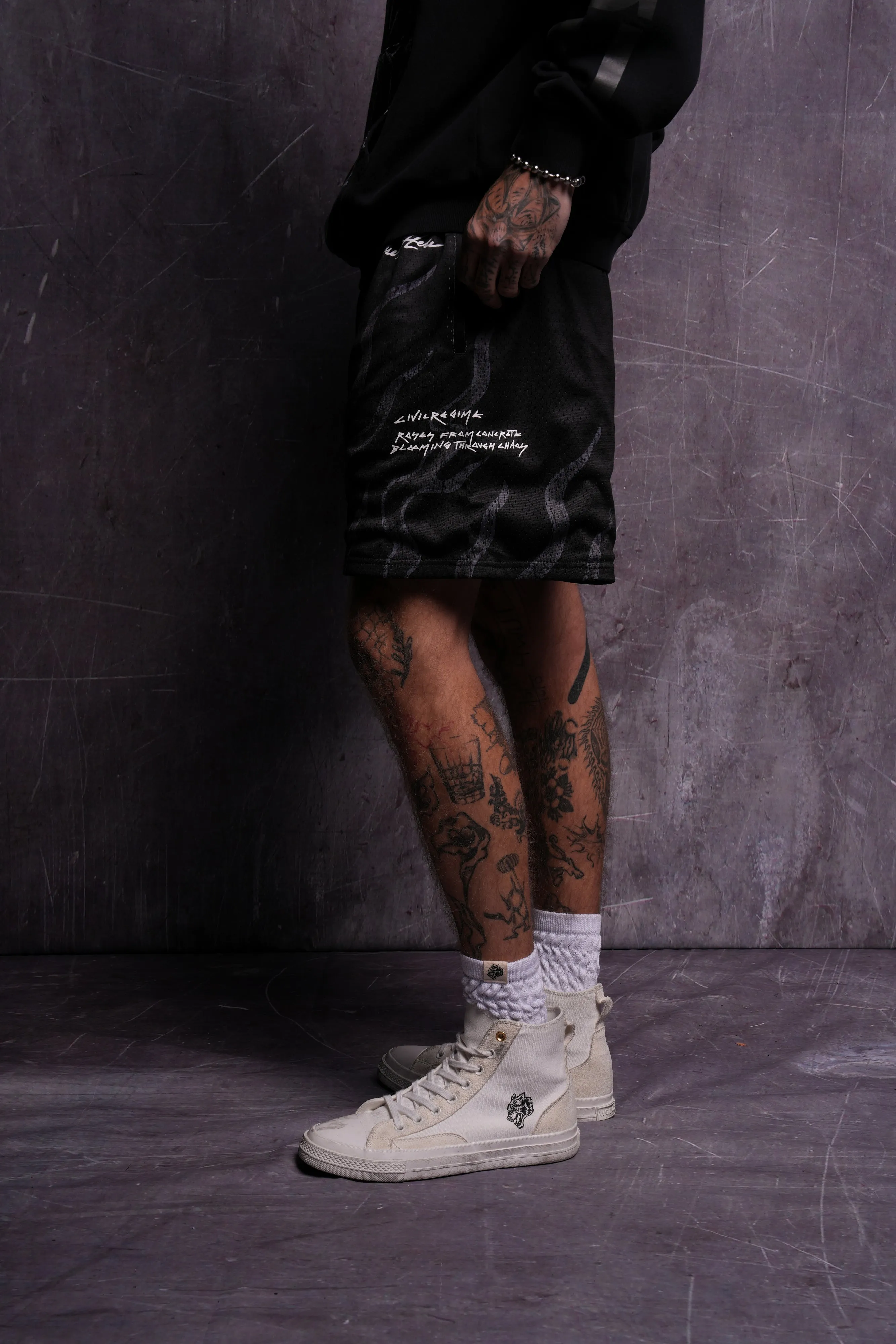 Infernal Bloom Mesh Shorts in Black