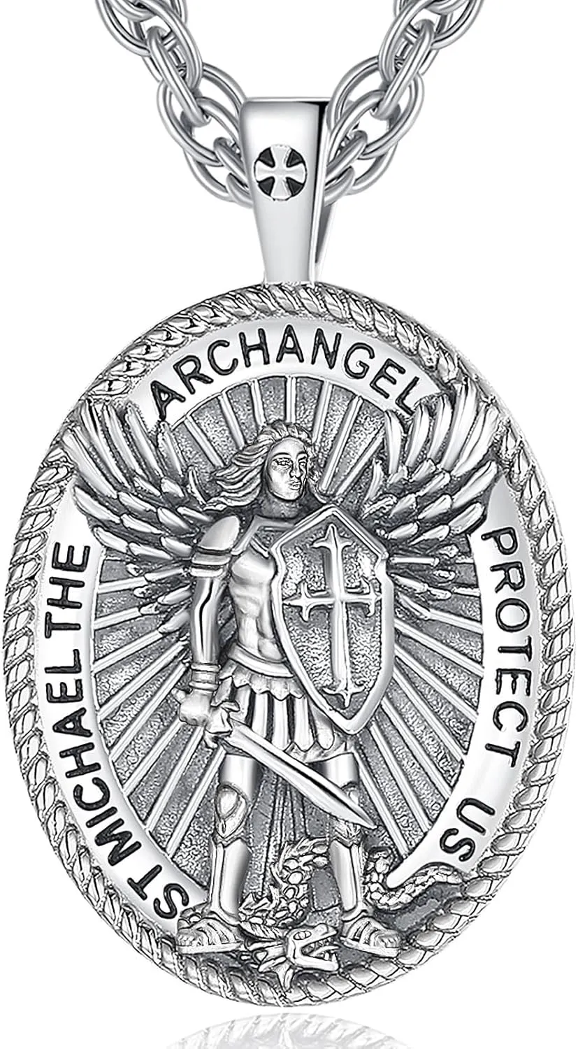 INFUSEU Unique St Michael Poseidon Trident Pendant Necklace, Men Womens Power Protection Gift, 22 2 Inch Chain