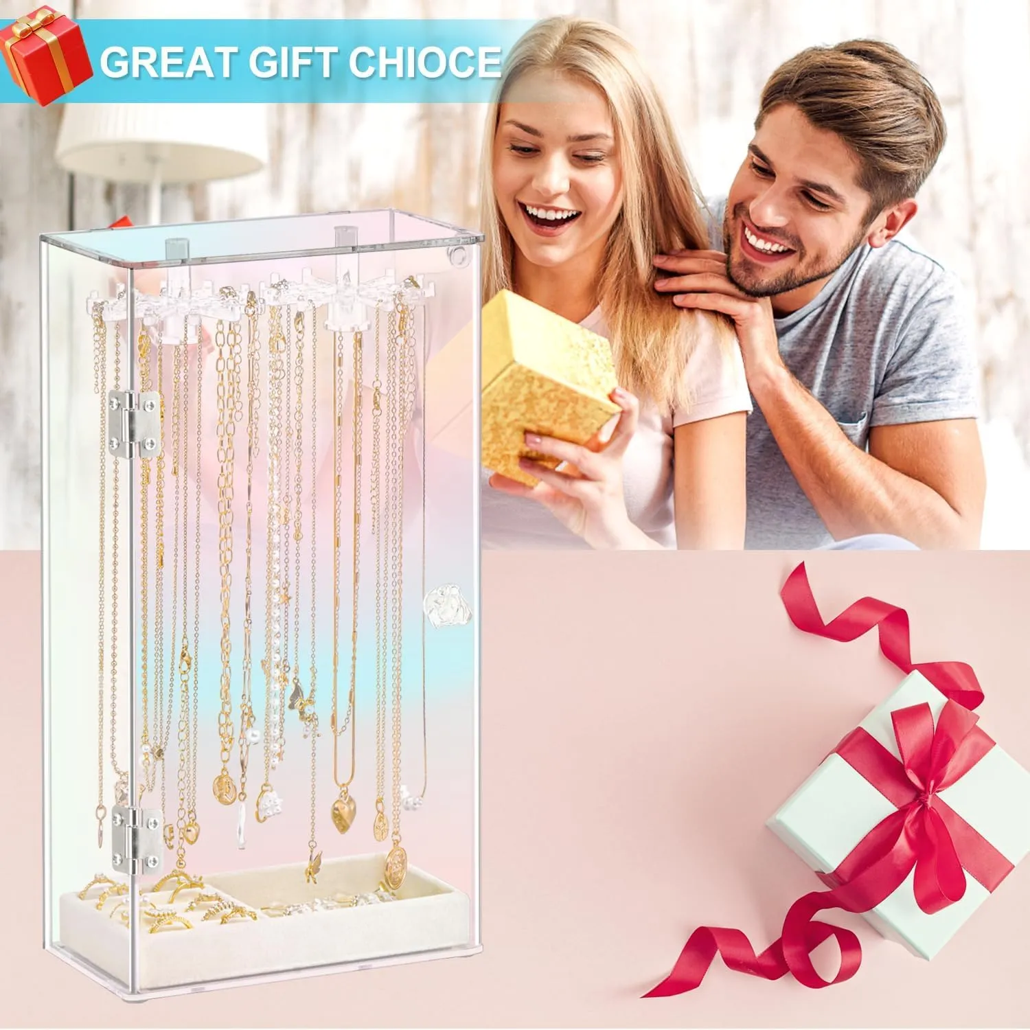Iridescent Acrylic Necklace Holder, Necklace Organizer with 24 Rotatable Hooks, Rainbow Jewelry Organizer Display Box with Velvet Tray for Long Necklaces Pendant Bracelets Rings Earrings
