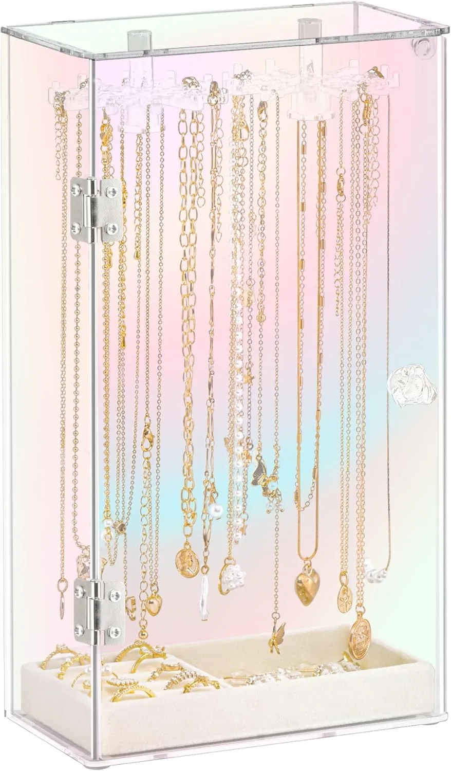 Iridescent Acrylic Necklace Holder, Necklace Organizer with 24 Rotatable Hooks, Rainbow Jewelry Organizer Display Box with Velvet Tray for Long Necklaces Pendant Bracelets Rings Earrings