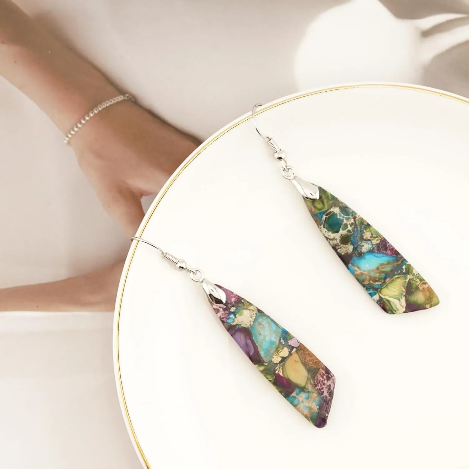 Jasper Stone Earrings for Women Trendy Dangle Earrings Fishhook Drop Sickle-Shaped Earring Gold Silver