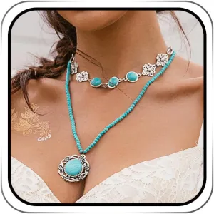 JEAIRTS Layered Turquoise Choker Necklace Silver Beaded Pendant Necklaces Boho Necklace Chain for Women