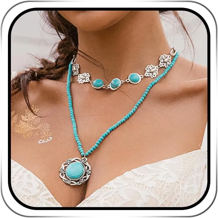 JEAIRTS Layered Turquoise Choker Necklace Silver Beaded Pendant Necklaces Boho Necklace Chain for Women