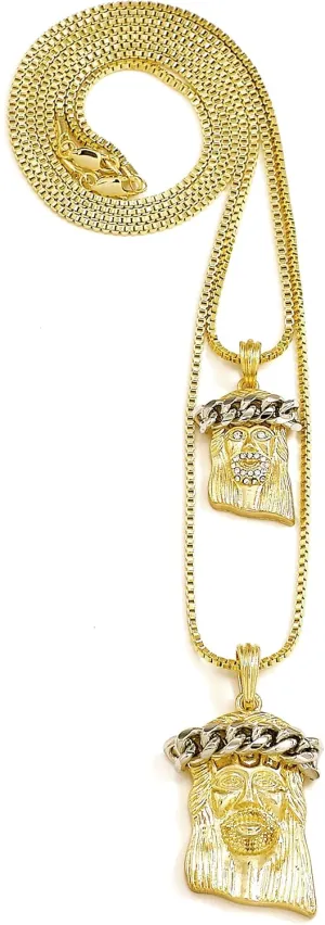 Jesus 2 Pendant Set Gold Color with 24 and 30 Inch Box Link Necklaces