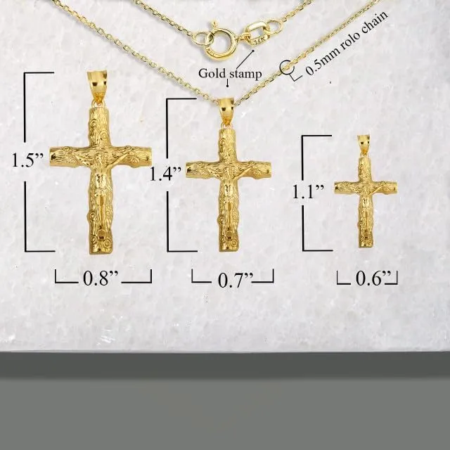 Jesus Christ Wooden Crucifix Cross Small Pendant Necklace Fine With Rolo Chain Real Solid 10Kt Gold