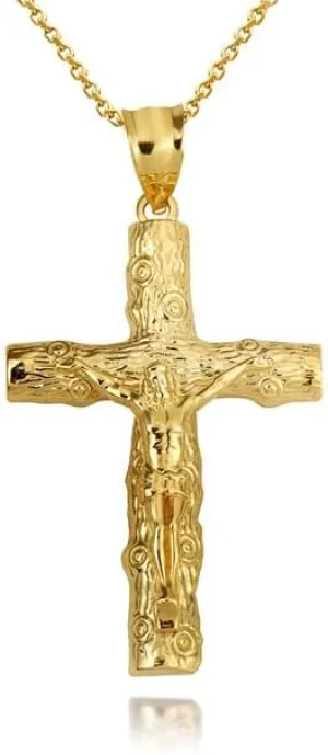 Jesus Christ Wooden Crucifix Cross Small Pendant Necklace Fine With Rolo Chain Real Solid 10Kt Gold