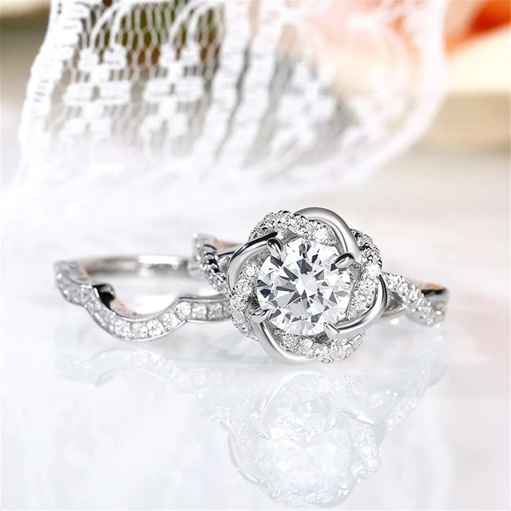 Jeulia Halo Solitaire Engagement Rings for Women Sterling Silver Floral Flower Rings Rose Gold Plated Diamond Ring Round Cut Bridal Ring Set Anniversary Promise Rings for Her