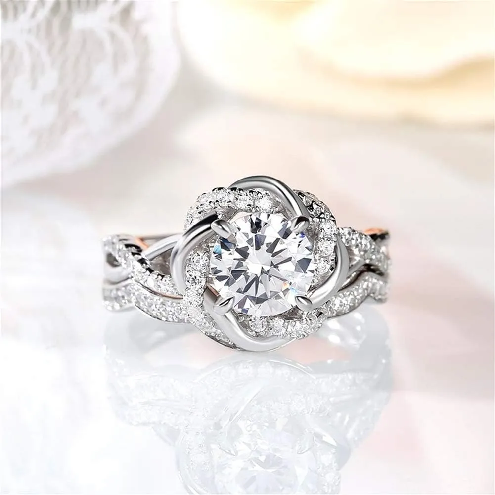 Jeulia Halo Solitaire Engagement Rings for Women Sterling Silver Floral Flower Rings Rose Gold Plated Diamond Ring Round Cut Bridal Ring Set Anniversary Promise Rings for Her