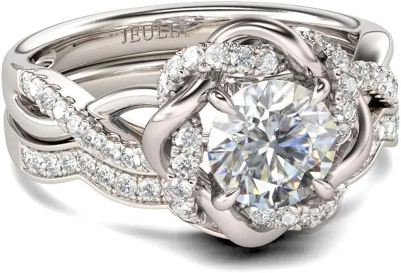 Jeulia Halo Solitaire Engagement Rings for Women Sterling Silver Floral Flower Rings Rose Gold Plated Diamond Ring Round Cut Bridal Ring Set Anniversary Promise Rings for Her