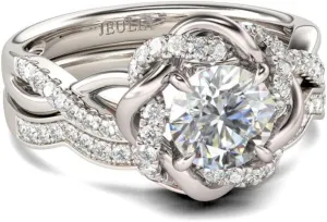Jeulia Halo Solitaire Engagement Rings for Women Sterling Silver Floral Flower Rings Rose Gold Plated Diamond Ring Round Cut Bridal Ring Set Anniversary Promise Rings for Her
