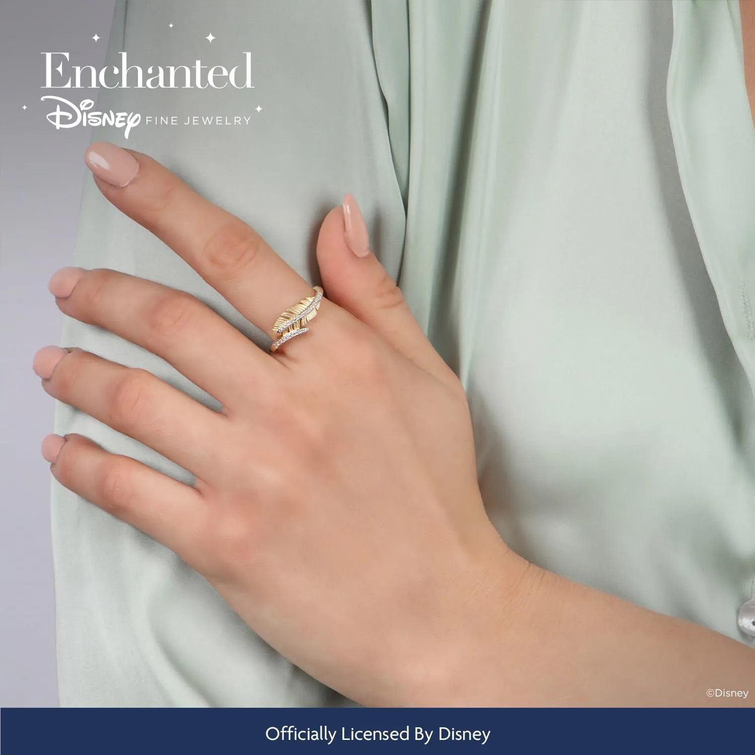 Jewelili Enchanted Disney Fine Jewelry 10K Yellow Gold 1/10 Cttw Diamond Pocahontas Feather Ring.