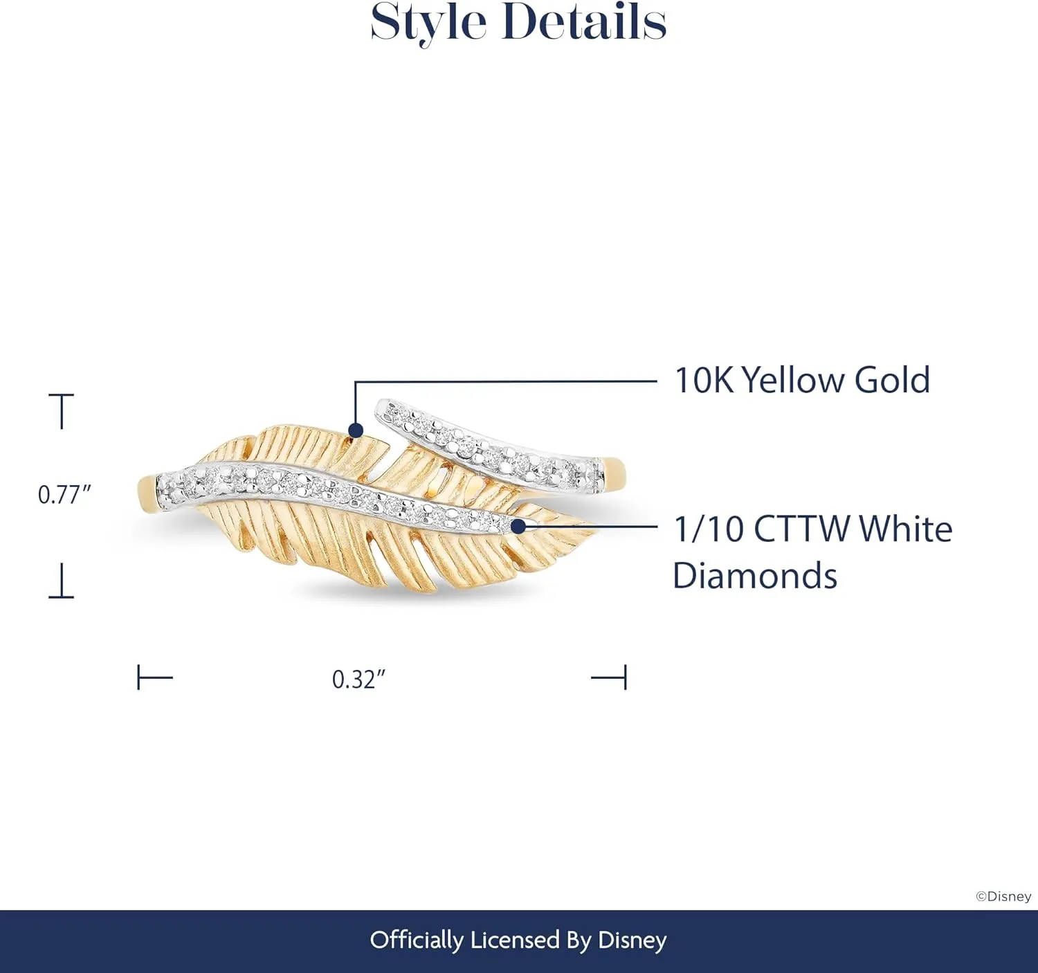 Jewelili Enchanted Disney Fine Jewelry 10K Yellow Gold 1/10 Cttw Diamond Pocahontas Feather Ring.