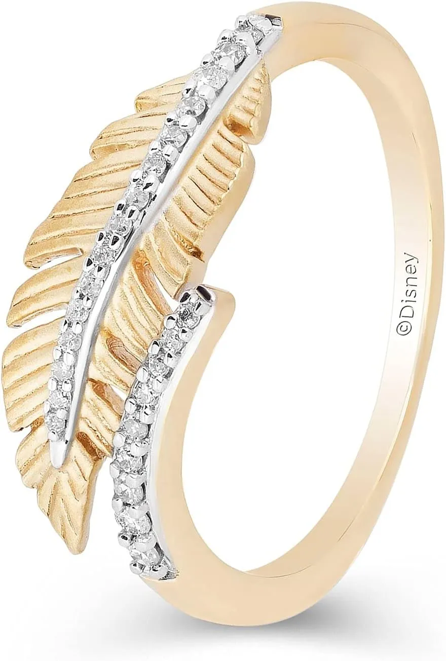 Jewelili Enchanted Disney Fine Jewelry 10K Yellow Gold 1/10 Cttw Diamond Pocahontas Feather Ring.